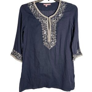 Calypso St. Barth Sequined Beaded‎ Tunic Top Gauzy 100% Cotton India Small